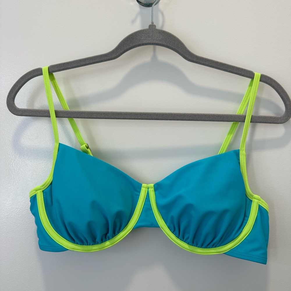 Neon green and blue swimsuit top